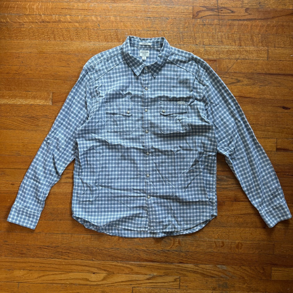 Lucky Brand Mens XL Classic Fit Blue Plaid Pearl Snap Long Button Down Shirt